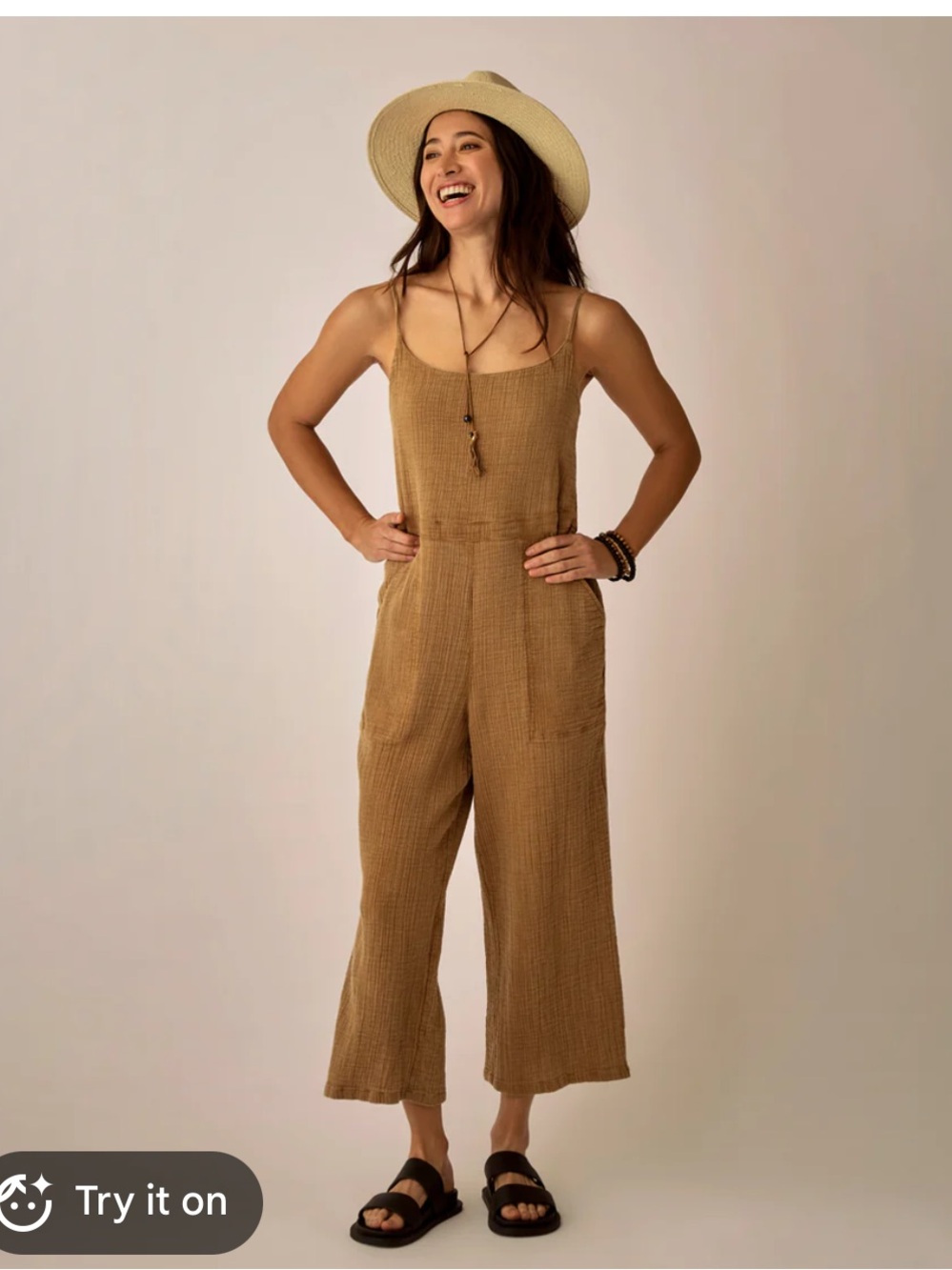 Kate Quinn Organic Cotton Gauze Golden Tan Spaghetti-Strap Jumpsuit sz S